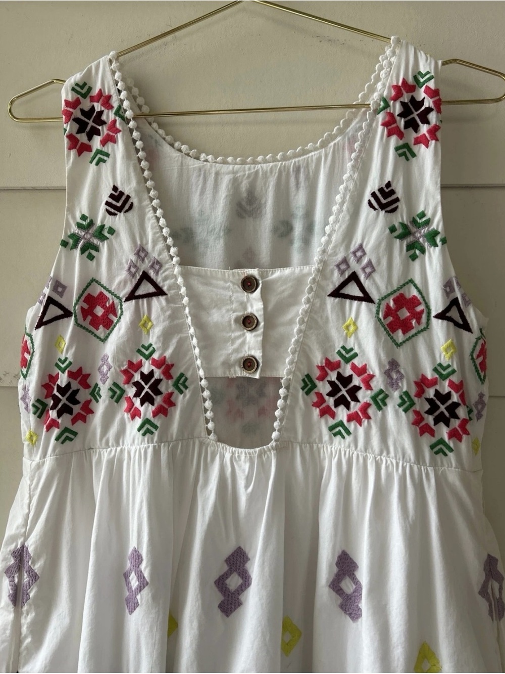 Anthropologie Dolly Embroiderd BOHO Women's Dress Pom-Pom Trim Sleeveless dress - Picture 7 of 12